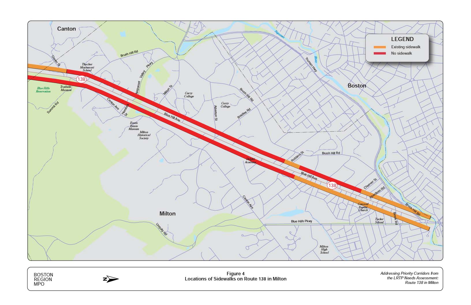 Figure 4 is a map of the study area showing the location of sidewalks on Route 138 in Milton.